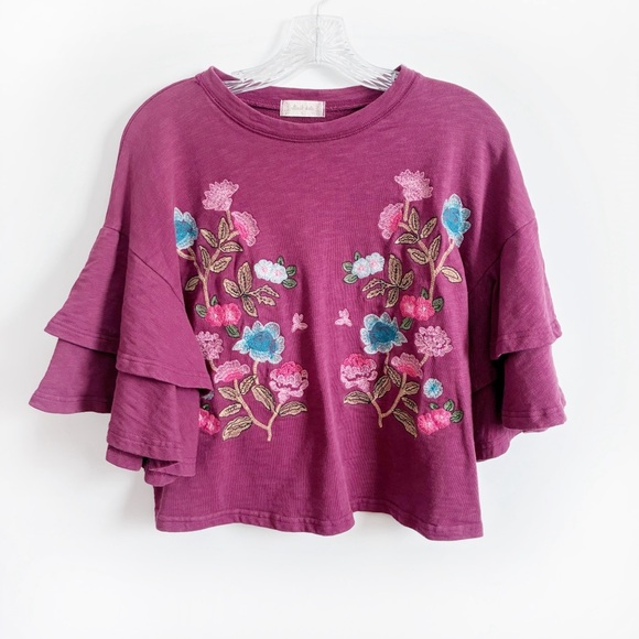 Altar'd State Tops - Altar'd State sweatshirt burgundy purple floral embroidered ruffled sleeves